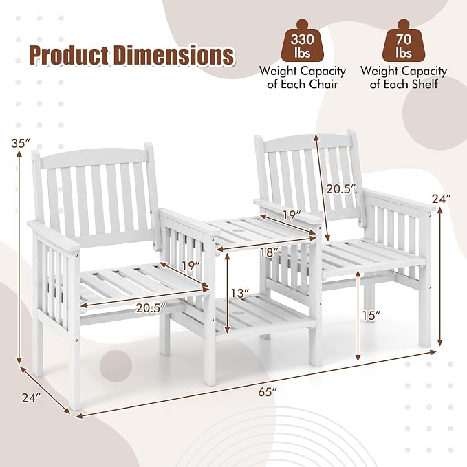 Tangkula Outdoor Wood Loveseat with 2-Tier Side Table and Umbrella Hole, 2-Seater Patio Garden Bench with Armrests and Slatted Seats, Outdoor Table and Chairs Set for Porch and Balcony