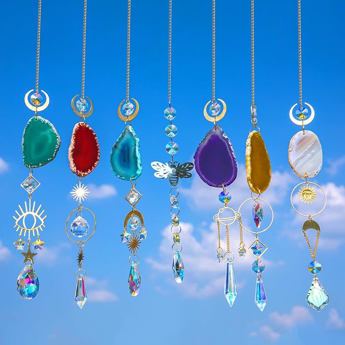 BlumWay Crystal Suncatcher, Hanging Suncatchers with Crystals Light, 7 PCS | Sun Catchers Indoor Window, Prism Pendants, Agate Slices, Tree of Life, Crystal Suncatchers Indoor Outdoor, Home Garden Decor