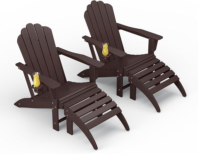 Costaelm Lakeview 4-Piece Outdoor Patio HDPE Adirondack Chairs with Ottomans and Cup Holder Set, Dark Brown