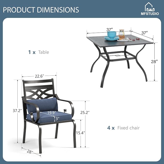 MFSTUDIO 5-Piece Patio Dining Set, 37" Square Metal Table, Fixed Chairs | Umbrella Hole, Blue, Seats 4