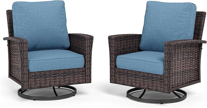 MIXPATIO Swivel Patio Wicker Chairs Set of 2, High Back Outdoor Swivel Patio Rattan Chairs with 5.5" Thick Cushions for Bistro Balcony Porch Deck and Yard, Navy Blue