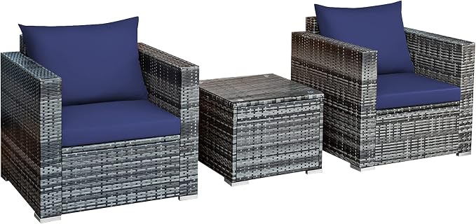 Tangkula 3 Pieces Patio Furniture Set, PE Rattan Wicker Sofa Set w/Washable Cushion and Tempered Glass Tabletop, Outdoor Conversation Furniture for Garden Poolside Balcony