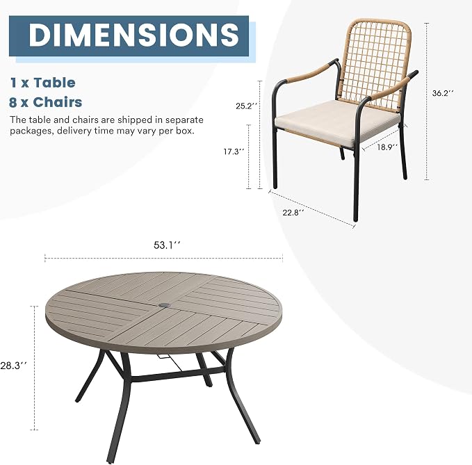 DIFY 9 Pieces Outdoor Dining Set, Metal Patio Table and Chairs Set for 8, 53.1" Round Dining Table with Umbrella Hole & Wicker Stackable Patio Chairs with Cushions, Grey Wood-Like Tabletop