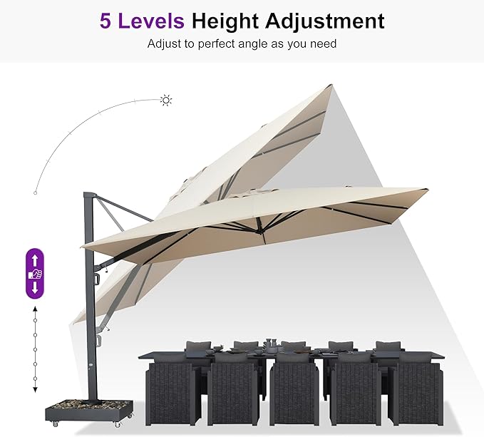 PURPLE LEAF 13' X 10' Space Saving Rectangle Patio Umbrella Large Outdoor Aluminum Offset Umbrella with 360-degree Rotation Cantilever Umbrella with Base Included for Garden Deck Backyard Pool Beige