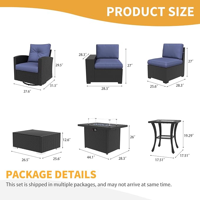 LayinSun 10 Pieces Patio Furniture Set with Fire Pit Table, Black Rattan Modular Sectional Outdoor Conversation Sofa Set, Swivel Rocking Chairs Set