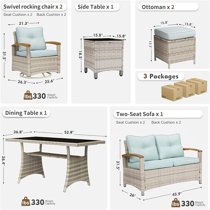 MEISSALIVVE 7 Pieces Patio Furniture Sets, PE Wicker Outdoor Conversation Sets with 2 Wood Armrests Swivel Rocker Chairs, 2 Ottomans, 2-seat Sofa and Dining Table (Blue)