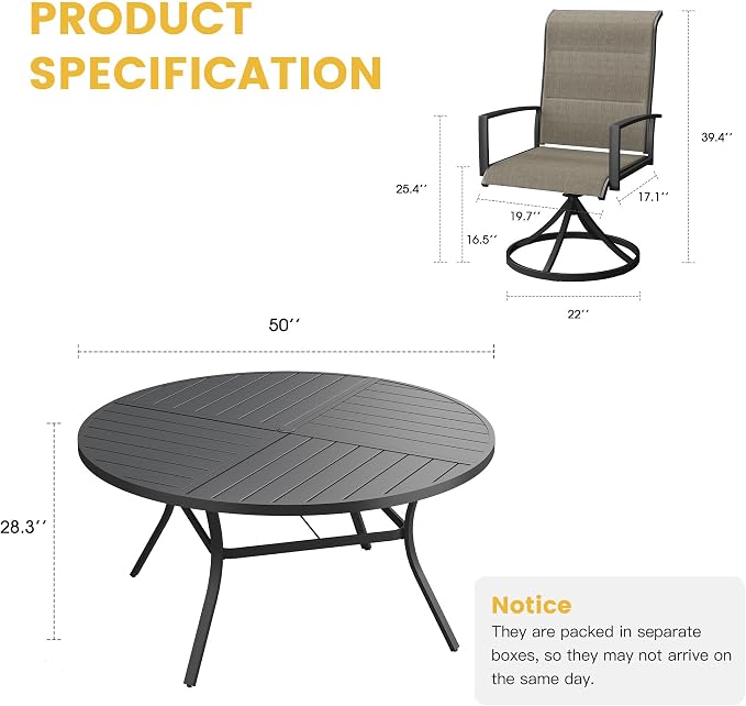 VICLLAX Patio Dining Set for 6, 6 Seats Outdoor Furniture Includes 50.1" Round Patio Table and Swivel Padded Chairs, Black Tabletop and Mixed Brown Fabric