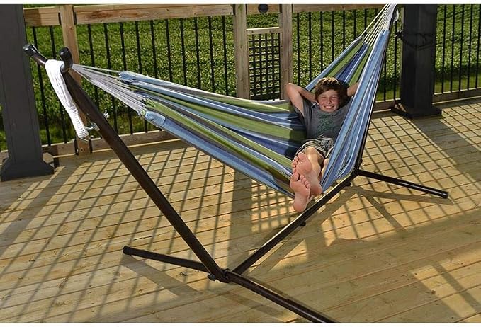 Vivere Double Cotton Combo Outdoor Backyard Patio Hammock with Stand, Cayo Reef