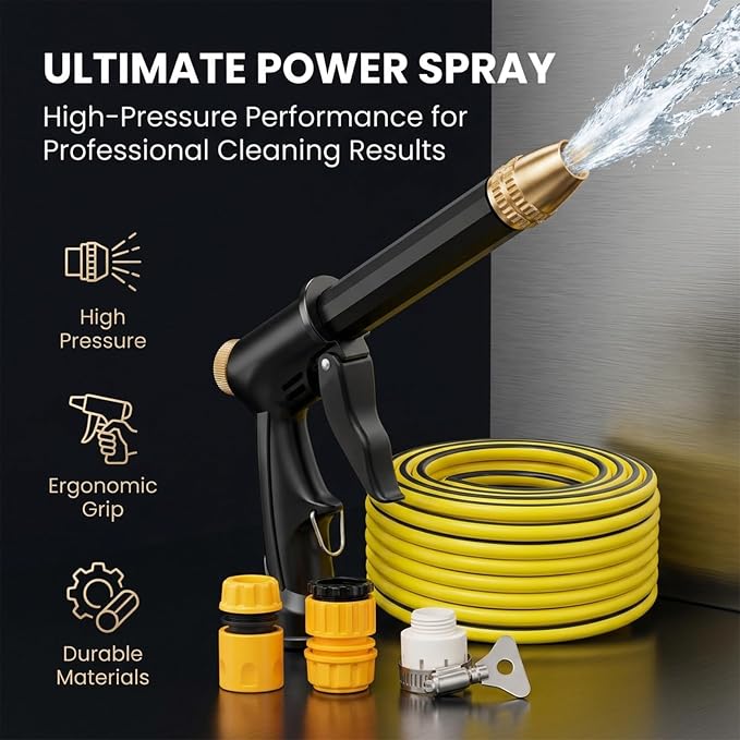 Sakerplus Multifunctional Car Wash Tool, 360° Adjustable Nozzle, High Pressure Water Hose Nozzle withTrigger Lock for Car Washing Patio Irrigation (H2 Long Spray Gun + 3 Connectors + 16.5FT(5m) Hose)