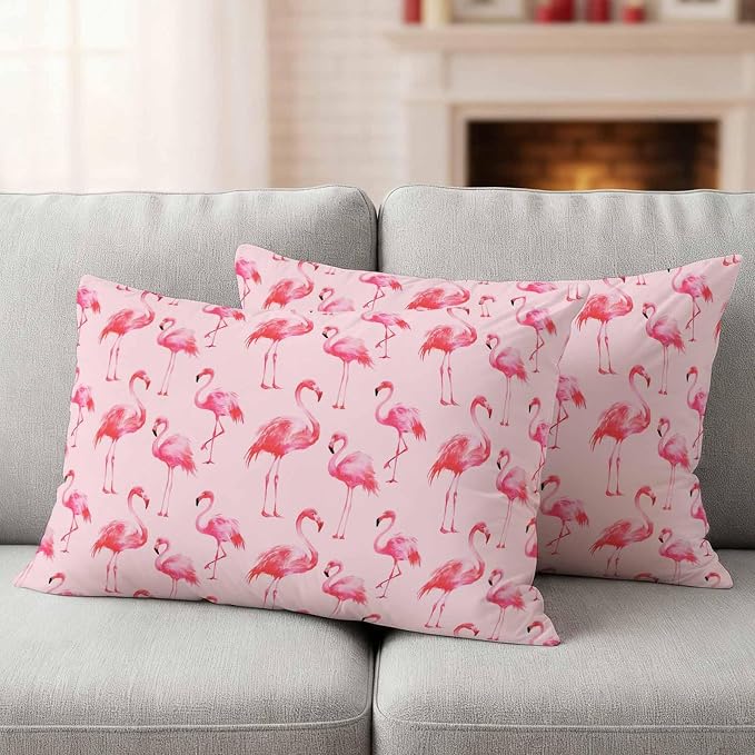 Pink Flamingo Outdoor Pillow Covers 20x12 Inch Lumbar Pillow Covers Set of 2 Waterproof Decorative Throw Pillow Cases Summer Animals Cushion Covers for Patio Furniture Garden Couch Sofa