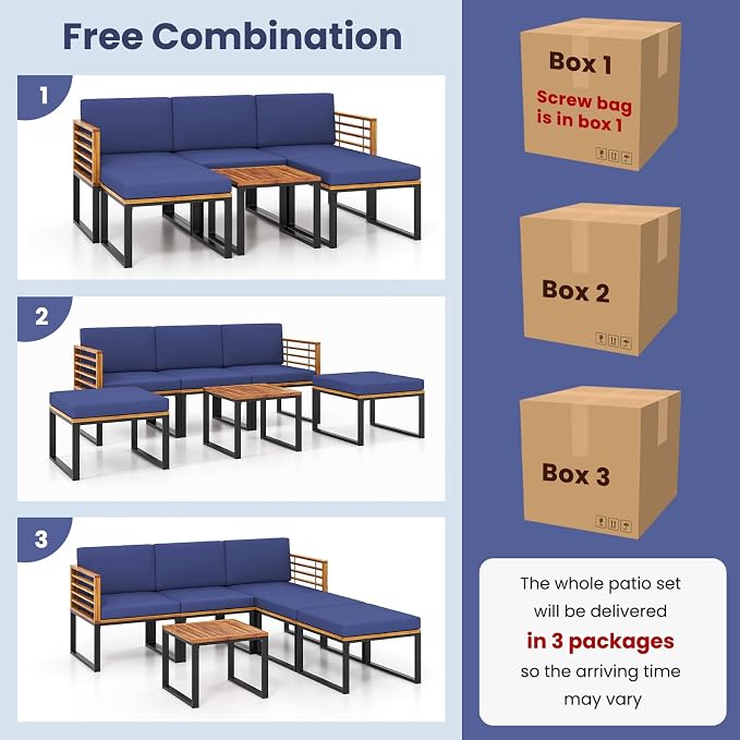 Tangkula 6 Pieces Acacia Wood Patio Furniture Set, Outdoor Sectional Conversation Sofa Set with Cushions, Coffee Table and Ottomans, Metal Frame Patio Sofas for Garden, Poolside, Backyard, Navy