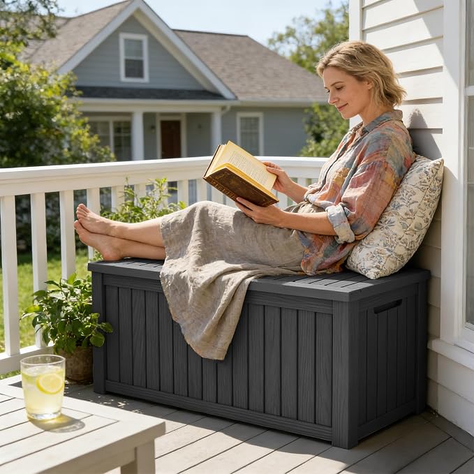 LubanNese Outdoor Storage Box, Waterproof Deck Box, Outdoor Patio Storage Bin, Weatherproof (Black, 150 Gallon)
