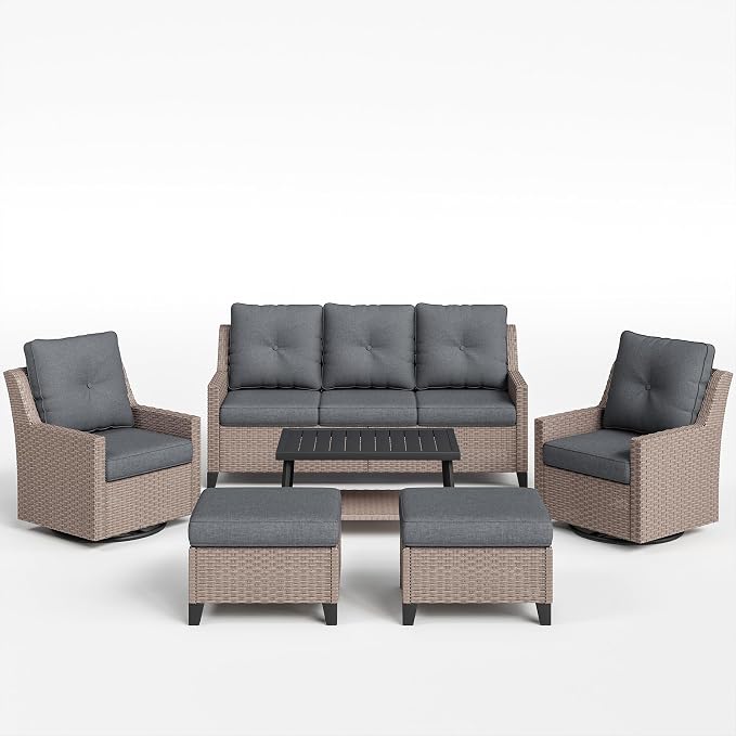 NestNook 6 Piece Patio Furniture Set, Outdoor Furniture Wicker Swivel Chairs Set of 2 with 3-Seater Sofa, 2 Ottomans and Coffee Table Patio Conversation Set for Backyard Balcony & Poolside(Dark Grey)