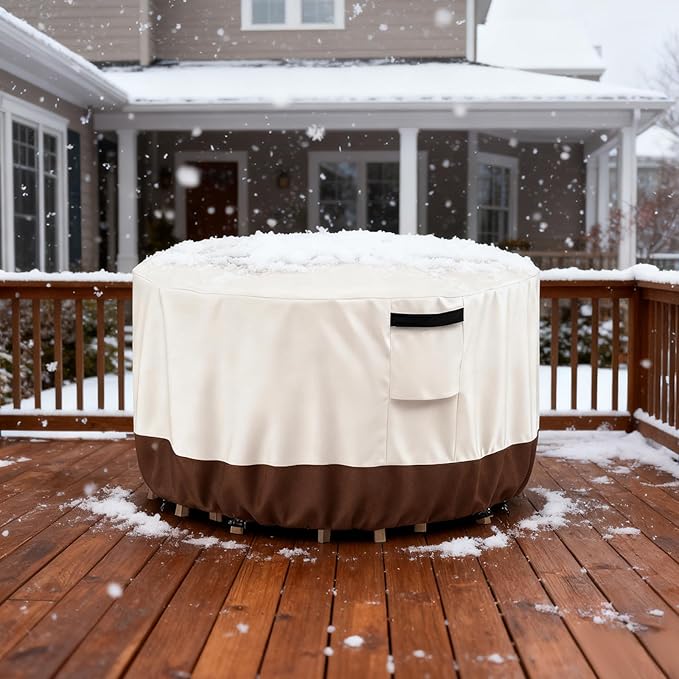 Outdoor Round Table Cover Waterproof Patio Furniture Covers,Patio Round Table Chair Set Covers - 54" Dia x 34" H (Beige & Brown)