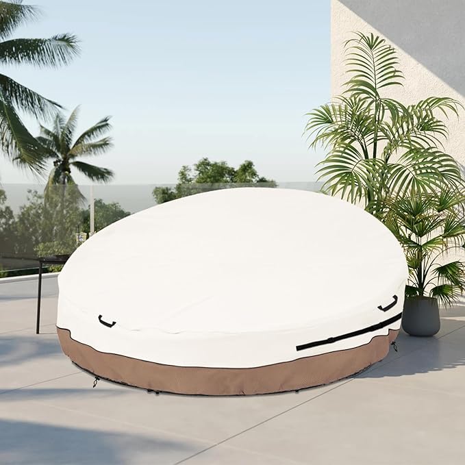 Heavy Duty 600D Waterproof Outdoor Daybed Cover for 88" Round Patio Sofa - UV-Resistant All-Weather Protection Furniture Cover with Air Vent, Fits 88" Dia x 35"/16" H (Beige)