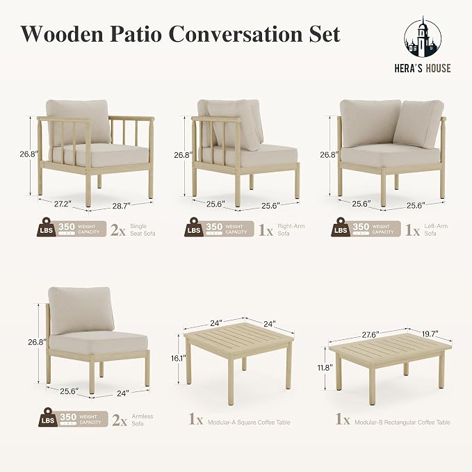 HERA'S HOUSE Patio Furniture,Acacia Wood Outdoor Sectional Sofa with 5.5" Ultra-Thick Cushions,Patio Conversation Set,Lawn Garden Backyard Couch Set with Nesting Tables,Beige