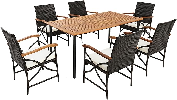 Tangkula 7-Piece Outdoor Dining Set with Acacia Wood Table & 6 Wicker Rattan Armrest Chairs, Detachable Cushions, Umbrella Hole, All-Weather Patio Conversation Furniture Set for Garden Deck (7 PCS)