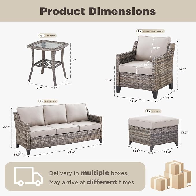 Belord Patio Chairs Set of 2 with 3-Seater Sofa, Outdoor Rattan Chairs for Deck Porch Garden, 6 Piece Luxury Patio Furniture Set, Beige