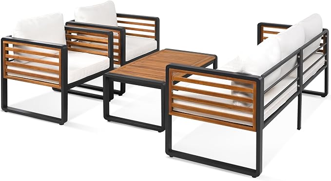 SOFTSEA 4-Piece Outdoor Patio Furniture Set, Acacia Wood Patio Conversation Set with Coffee Table, All-Weather Patio Sofa Set with Thick Cushions & Sturdy Metal Legs for Backyard Garden Balcony, Beige