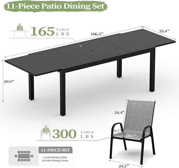 PIZZELLO 11 Pieces Outdoor Dining Set, 106" Aluminum Extendable Patio Dining Table w/ 10Pcs Stackable Textilene Chairs, All Weather Outdoor Table and Chairs Sets for Backyard, Garden and Deck