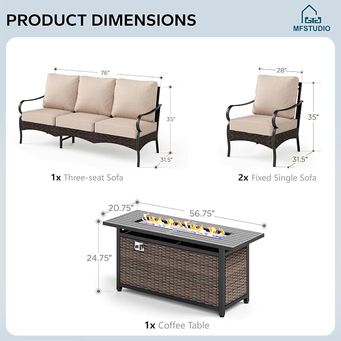 MFSTUDIO 4 Pieces Outdoor Patio Furniture Set, Metal Outdoor Conversation Set, Rattan Wicker Patio Sectional Set with 2 x Fixed Single Sofa, 3-Seat Sofa, 1 x Fire Pit Table, Beige