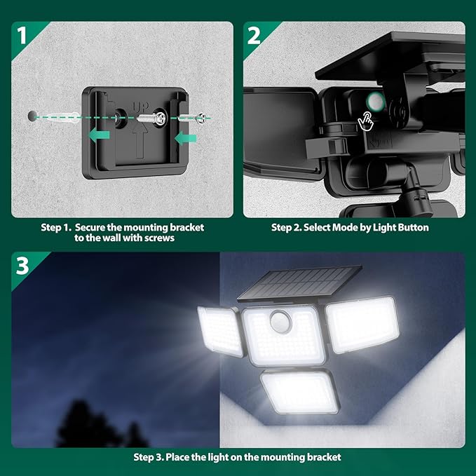 3000LM Solar Lights Outdoor, 4 Adjustable Heads Motion Sensor Security Light, 3 Modes, 6500K, IP65 Waterproof Solar Wall Flood Lights for Garden, Outside, Backyard, 4 Pack