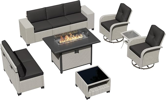 10-Piece Outdoor Patio Furniture Set, Modular Sectional Sofa Set with Swivel Rocker Chairs & Fire Pit, Wicker Outdoor Couch Conversation Sets w/Coffee Table and Cushions, Black