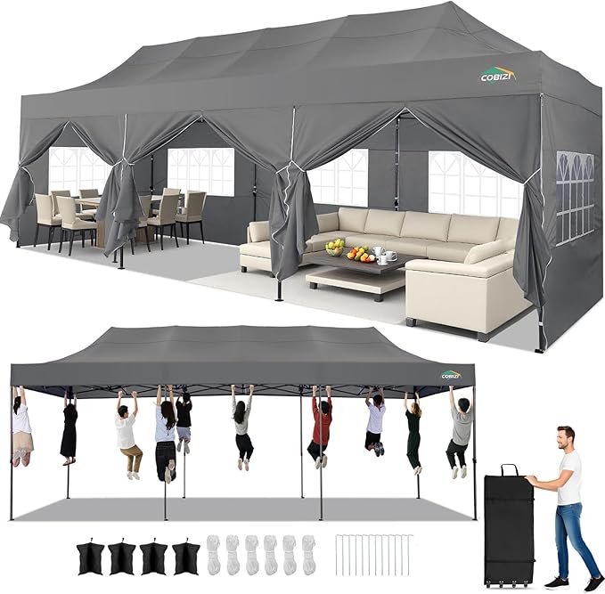 COBIZI 10x30 Pop up Canopy Tent Heavy Duty with 8 Sidewalls, Easy Set-up Commercial Outdoor Party Tent, 100% Waterproof Wedding Gazebo, 3 Height Adjustable with Wheeled Bag, Stone