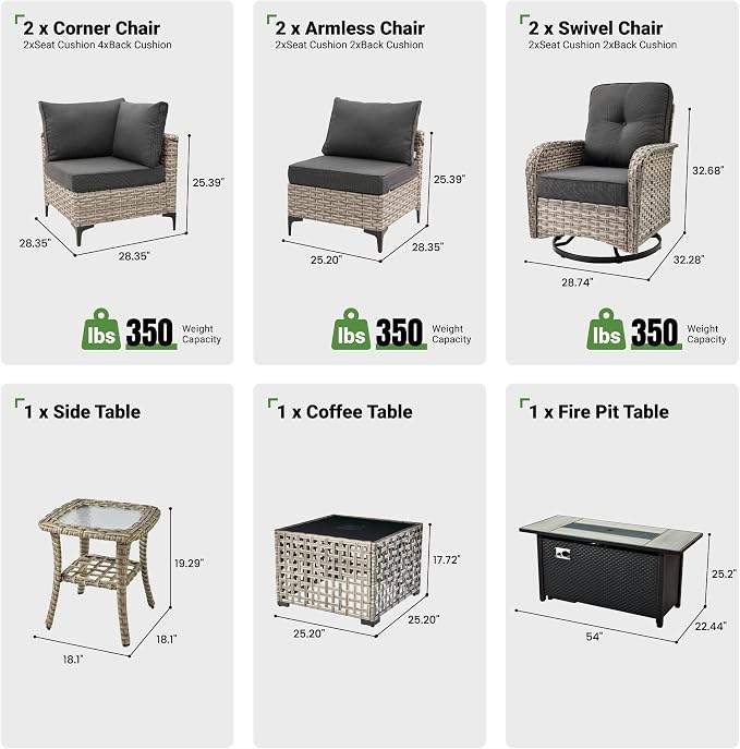 9 Pcs Patio Furniture with Fire Pit Table, Outdoor Rattan Wicker Conversation Set with Glowing Coffee Table, Comfy Sectional Sofa for Porch Balcony Backyard Pool, Black