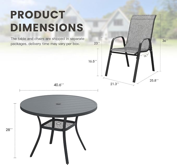 5 Pieces Outdoor Dining Set, 40.6" Round Table with Umbrella Hole & Stackable Patio Dining Chairs, Patio Table and Chairs Set for Deck Garden Porch, Grey Chairs & Dark Grey Table