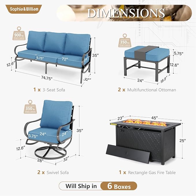 Sophia & William Patio Furniture Sets with 45" Gas Fire Pit Table for 7 Outdoor Conversation Sets 6 Pcs, 2 x Swivel Cushioned Sofa Chairs, 1x3-Seat Sofa, 2xOttomans for Backyard Poolside Navy