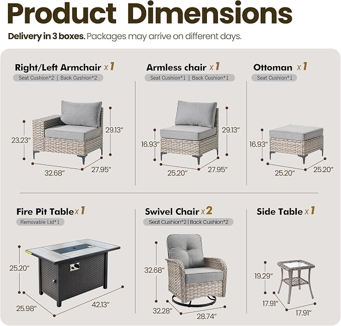 8-Piece Wicker Outdoor Sectional Furniture with Firepit Table, Wide Armrest Patio Couch Set Swivel Rocking Chair Ottoman, Modern Modular Conversation Sets for Backyard Deck Garden, Dark Gray