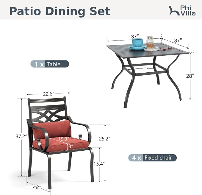 PHI VILLA Patio Dining Set, 37" Square Metal Table | Metal chairs, Red, Umbrella Hole, Cushions, E-coated