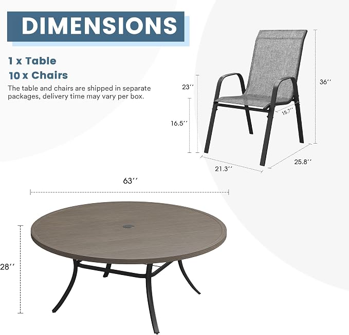 DIFY 11 Piece Outdoor Dining Set, 63" Grey Wood-Like Round Metal Patio Table and Grey Textilene Stackable Chairs for 10, All Weather Patio Furniture Set with Umbrella Hole for Backyard Garden Deck
