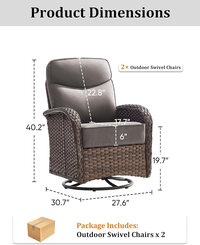 2-Piece Luxury Patio Conversation Set with 6-Inch Thick Cushions, High-Back Outdoor Swivel Rocking Chairs & Side Table, All-Weather Furniture Set for Porch, Deck, Balcony or Backyard – Grey