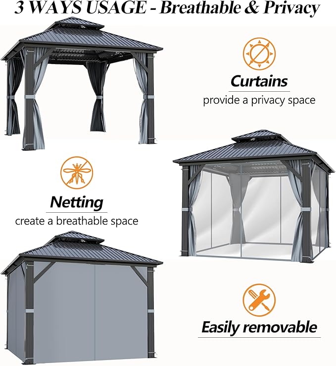 GARTOO 10'x10' Outdoor Hardtop Gazebo with Double Roof - Heavy-Duty Steel Top Aluminum Frame Gazebo with Solar LED Light, Breathable Netting & Privacy Curtain for Patio, Porch, Garden, Backyard