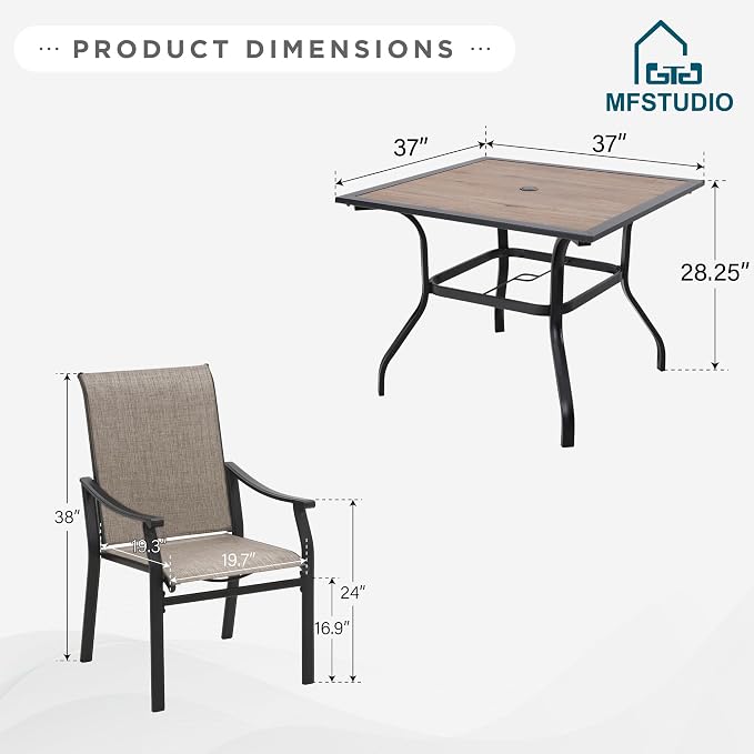 MFSTUDIO Patio Table and Chairs Set, 5 PCS Patio Dining Set with 4 Sling Dining Chairs and 1 Square Wood Like Top Table for 4, All Weather Resistant Patio Furniture, Grey