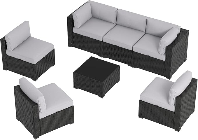 Aoxun 7 Piece Patio Furniture Set, Wicker Rattan Patio Sectional Sofa, Outdoor Furniture Set with Thickened Cushion, Light Gray