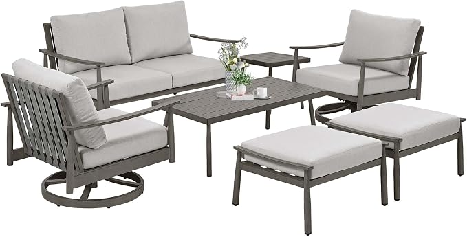 HAPPATIO Patio Outdoor Furniture Set - 7 Pieces Aluminum Outdoor Conversation Set Includes 1 Loveseat, 1 Side Table, 1 Coffee Table, 2 Swivel Chairs, and 2 Ottomans for Porch, Yard, Lawn (Grey)