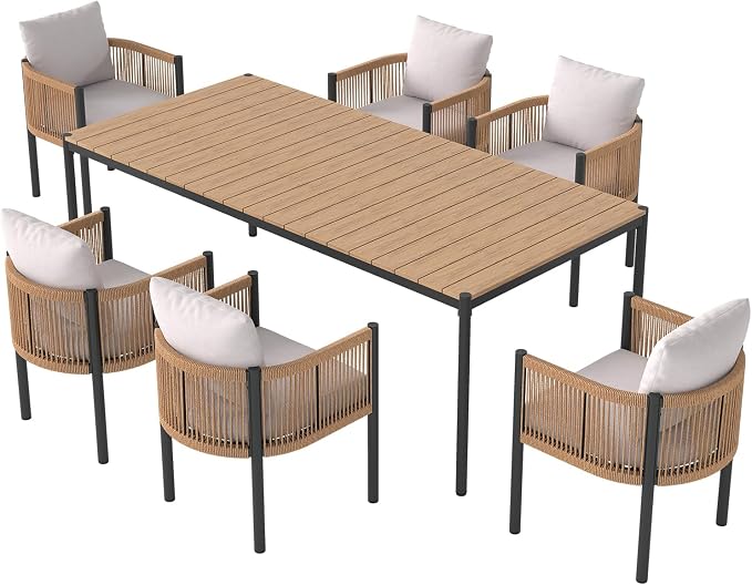 SUNSITT 7 Piece Outdoor Patio Dining Set, Patio Dining Furniture Set with 82.6” Metal Dining Table w/WPC Tabletop and 6 Patio Woven Rattan Chairs w/Curved Armrest for Garden, Beige