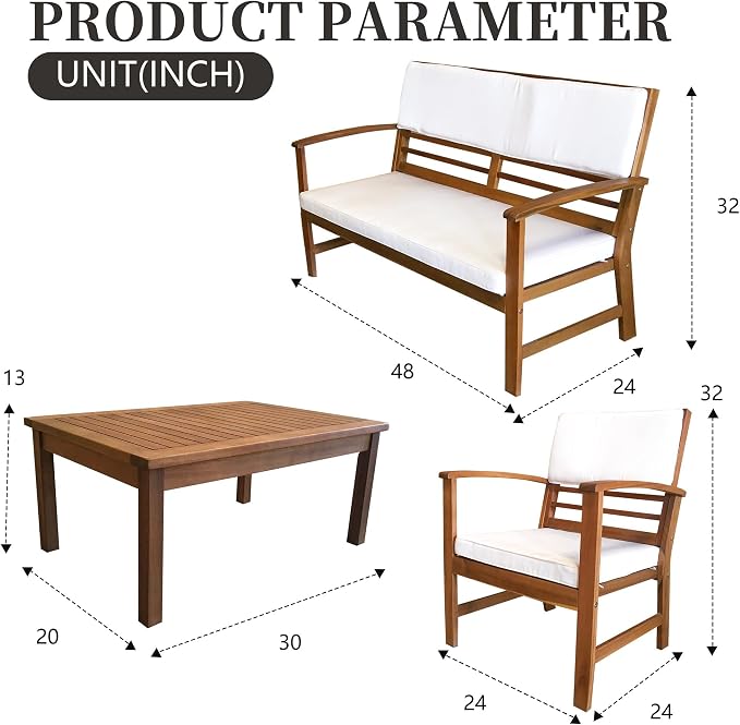 PayLessHere 4-Piece Acacia Wood Patio Furniture Set Modern Conversation Set Outdoor Bistro Table and Chairs for Backyard, Balcony, Deck, or Indoor Use (Nature)