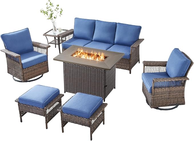 Patio Furniture Set with Fire Pit Table, 7PCS Patio Conversation Set Brown Resin Wicker Swivel Patio Chair Sofa Ottoman Set with Side Table and Fire Table PE Rattan Furniture Set