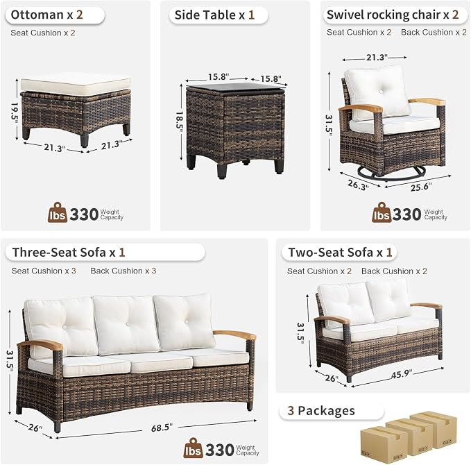 MEISSALIVVE 7 Pieces Outdoor Patio Furniture Sets, Wicker Patio Conversation Sets with 2 Wood Armrests Swivel Glide Chairs, Outdoor Couch for Deck Yard and Poolside (Beige)