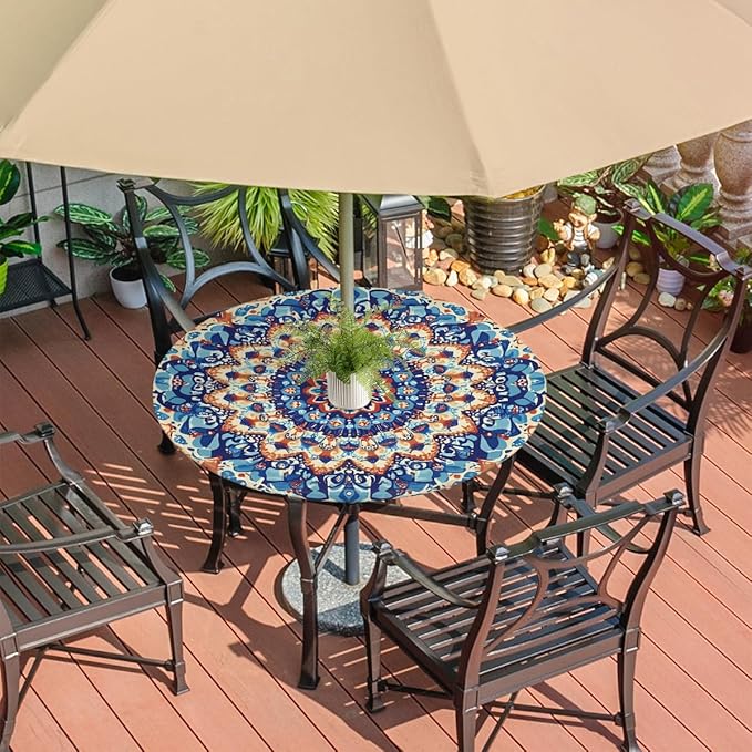 OSAM SPACE Outdoor Tablecloth with Umbrella Hole, Round Elastic Fitted Table Cloth with Invisible Zipper,Colorful Blue Orange Boho Mandala Picnic Patio Table Cover 45-56in
