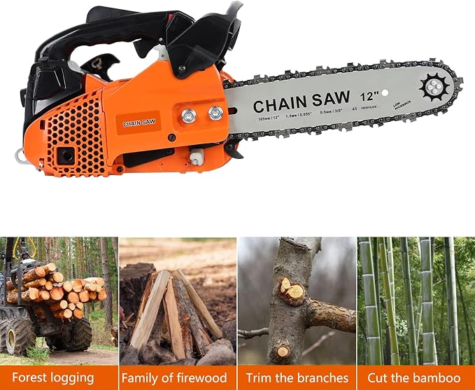 25.4cc Gas Powered Chainsaw 12 Inch Top Handle Gas Chainsaw, 2-Stroke Portable Chain Saws for Trees, Automatic Oiler, For Wood Cutting, Tree Trimming