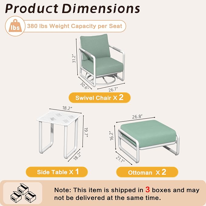 5-Piece Aluminum Outdoor Swivel Rocker Set with Ottomans, 6.5" Thick Cushions & 380LBS Capacity, Side Table Included for Porch, Backyard