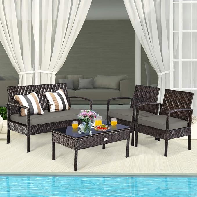 Tangkula 8-PCS Wicker Patio Conversation Furniture Set, Outdoor Rattan Chair and Table Set, Patio Furniture Sets with Coffee Table & Washable Cushions for Courtyard Balcony Garden (2, Brown)