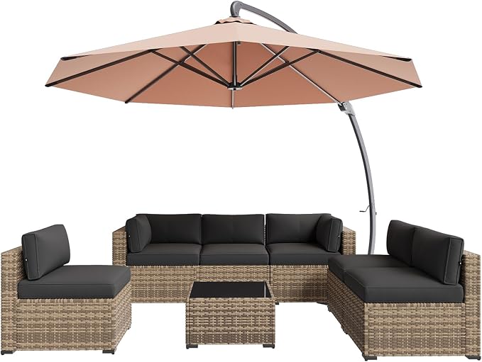 Aoxun Patio Furniture Sets, 8-Piece Outdoor Patio Furniture with 11FT X 11FT Cantilever Umbrella, Wicker Outdoor Conversation Set Sectional Sofa for Backyard, Poolside, Garden