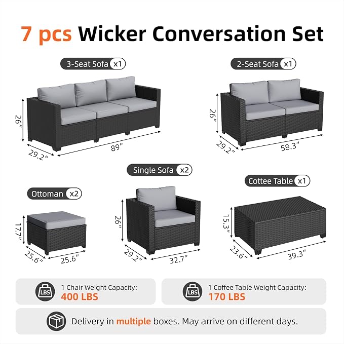 LazySunsets 7-Piece Outdoor Patio Furniture Set, Rattan Outdoor Sectional with Thick Waterproof Cushions, Wicker Ottomans & Waterproof Cover, Patio Conversation Set for Garden, Backyard,Grey