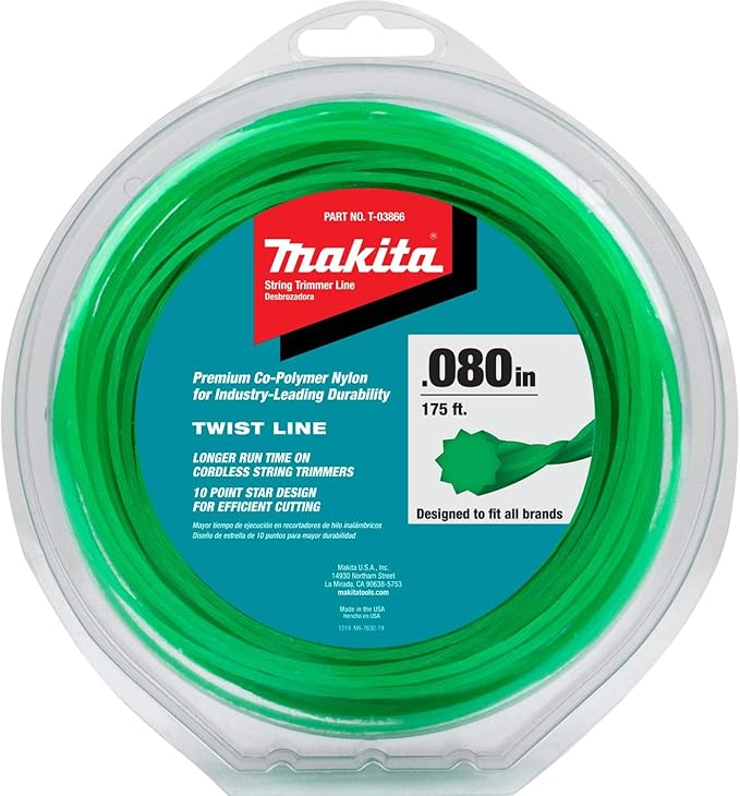 Makita XUX02SM1X4 18V LXT Lithium-Ion Brushless Cordless Couple Shaft Power Head w/ 13" String Trimmer & 10" Pole Saw Attachments (4.0Ah), & T-03866 Twisted Trimmer Line, 0.080”, Green, 175’, 1/2 lbs.